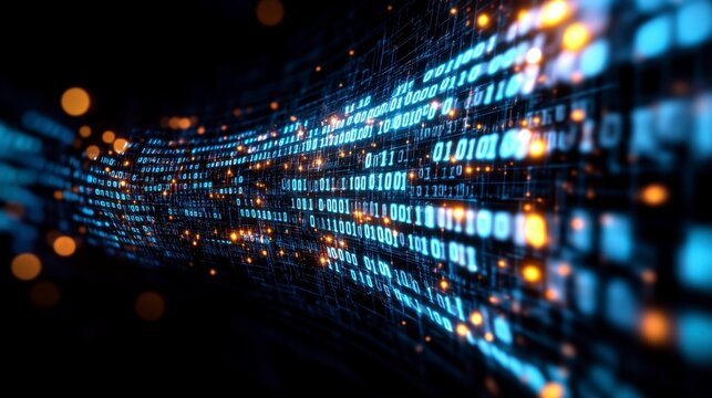 Abstract digital data stream flowing through a dark space, glowing with blue and orange light. Binary code and particles create a dynamic, technological background.