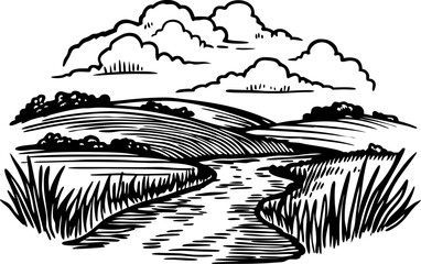 Tranquil rural landscape sketch with winding river and rolling hills under cloudy sky