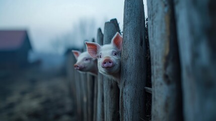 Curious pigs peek through a wooden fence in a misty farm setting during early morning