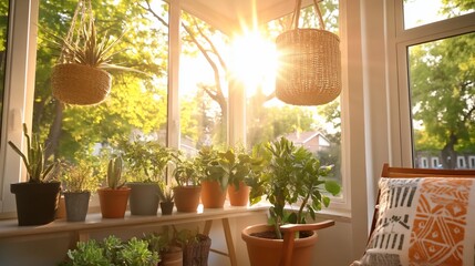 Fototapeta premium Sunlit Green Plants Home Interior