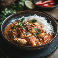 Fototapeta premium Vibrant Seafood Curry with Rice and Fresh Herbs in Rustic Setting