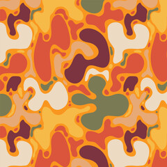 Retro Abstract Seamless Pattern with Colorful Liquid Organic Forms. Multicolored decorative groovy fluid shapes. Hand drawn geometric bulky lines. Hippie banner 
