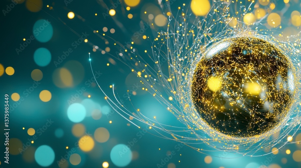 Poster abstract image of a dark sphere covered in gold glitter, surrounded by glowing particles and bokeh l