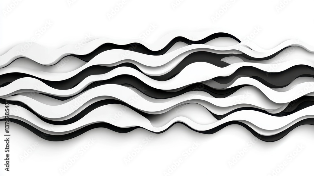 Poster abstract illustration of layered grayscale waves on white background. the design features undulating