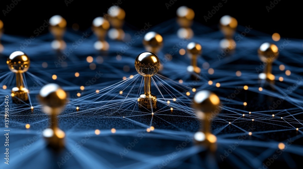 Poster abstract network visualization with golden nodes connected by glowing lines on a dark background. a 