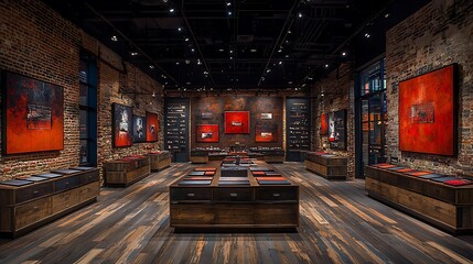 Upscale retail interior with rustic wood floors, brick walls, and modern artwork.