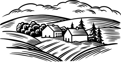 Rural landscape illustration with farmhouses and rolling hills in black and white