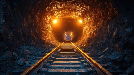 A dark tunnel with railway tracks and bright artificial lights