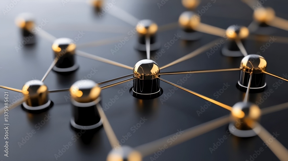 Poster abstract network visualization with metallic spheres connected by thin gold lines on a dark backgrou