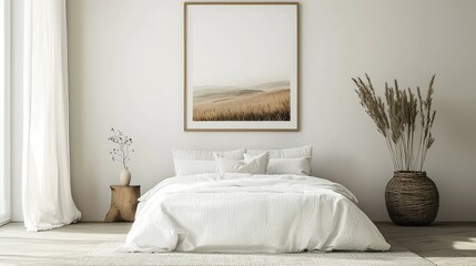 A contemporary, minimal bedroom with a sleek frame holding a minimalist landscape
