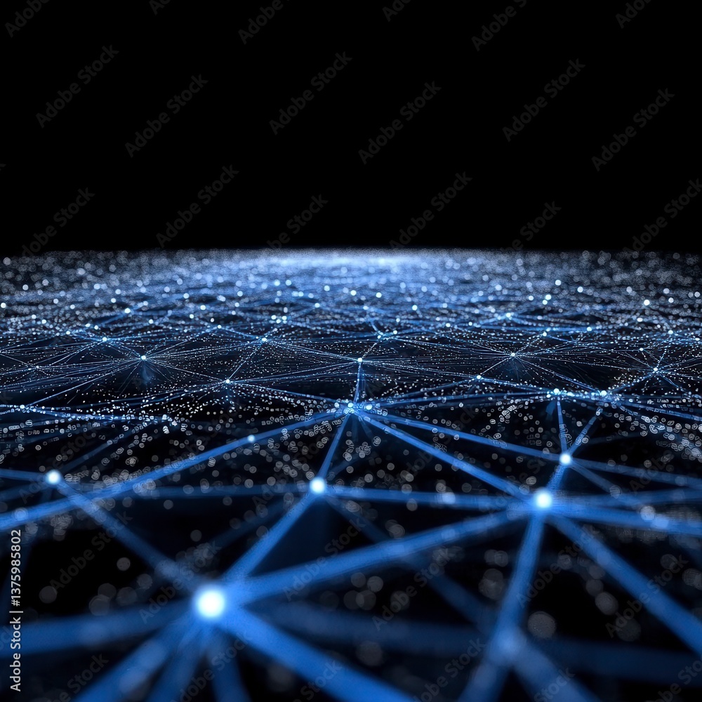 Poster abstract network connection visualization glowing blue nodes and lines forming a complex web against