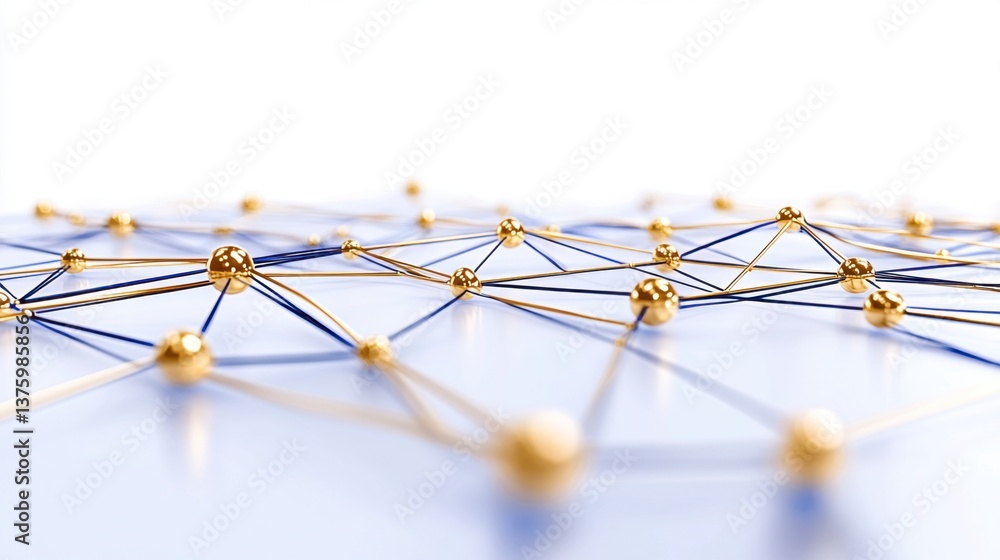 Aufkleber abstract network visualization with golden spheres connected by thin blue and gold lines on a light 