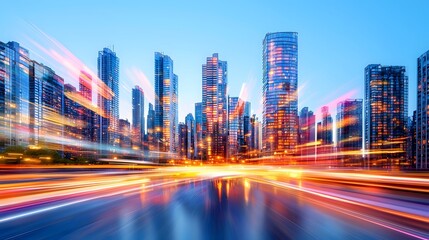 Obraz premium Urban skyline at dusk dynamic city lights and motion capture modern metropolis photography vibrant atmosphere