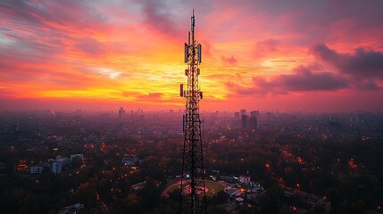 Telecommunications tower at sunset over city skyline.