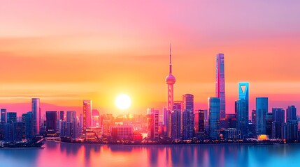 Obraz premium Rising sun illuminates city skyline shanghai graphic design urban landscape aesthetic viewpoint inspiring concept