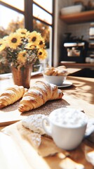 Sunlit Rustic Kitchen Breakfast Croissants Coffee Sunflowers