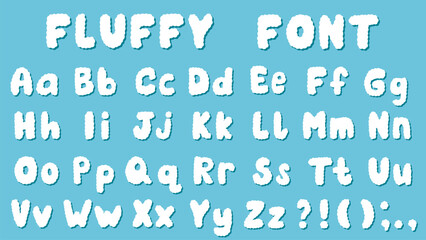 Fluffy cloud font. English playful alphabet for children s design. Cute cozy uppercase and lowercase letters, punctuation marks. Vector graphics © Iry