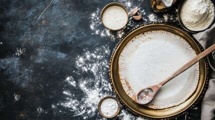 A brass plate with neatly arranged dosa batter, a ladle, and a hot tawa with a cooking dosa.