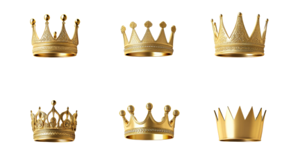 Golden crown variations on black background, cut out transparent