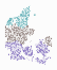 Obraz premium Denmark, shape of the country built of colored cells. Digital style map of Denmark on white background. Small size circle blocks. Stylish vector illustration.