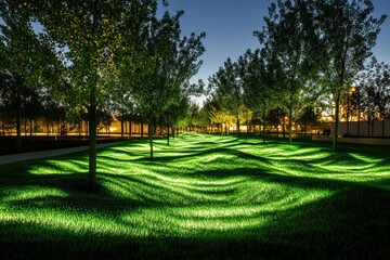 Illuminated trees in a park during the evening twilight creating shadows