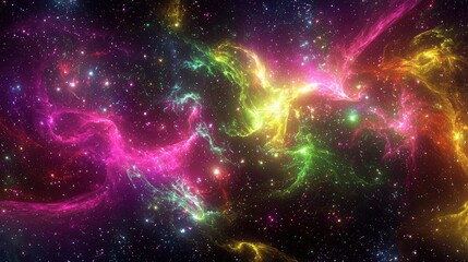 A cosmic, psychedelic wallpaper featuring fractal tendrils glowing with neon hues of pink, lime green, and deep violet. 