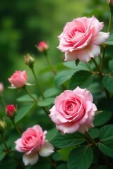 Delicate rose pink blooms, lush green foliage, garden setting , garden, vibrant, nature