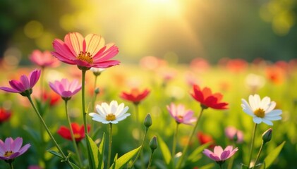 Fototapeta premium Blooming flowers in a field under sunlight , meadow, field, sunlight