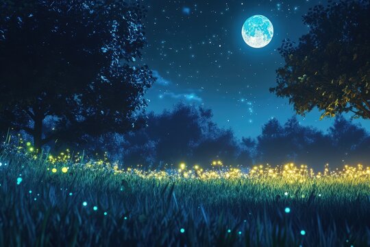 A beautiful night scene with full moon and starry sky - Powered by Adobe