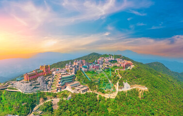 Aerial view panoramic overlook lunar castles and French village on the top of Ba Na Hills, with...