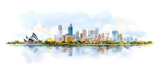 River flowing through urban landscape city skyline watercolor illustration tranquil environment aerial view serene concept