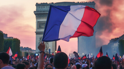 Celebration of Bastille Day at the Arc de Triomphe with French flags waving during sunset