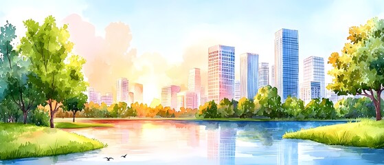 Obraz premium Vibrant watercolor illustration of a river flowing through a city park at sunset peaceful nature scene urban landscape