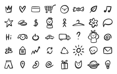 Set of hand-drawn icons. Simple symbols in doodles style isolated on white background. Vector design elements for shop, social media, site
