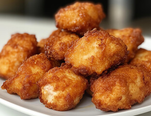 Crispy Golden Chicken Bites Pile on White Plate, Delicious Fried Food Snack