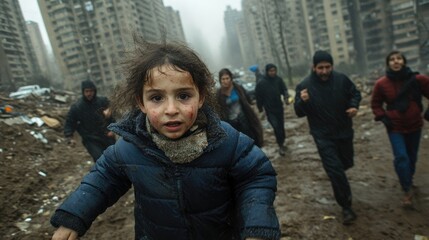 Escape and Resilience: A child leads a desperate dash through a war-torn landscape, embodying the spirit of survival and the human struggle against adversity.