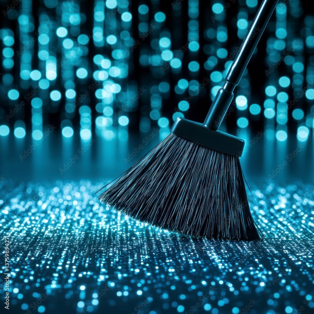 Aufkleber a broom sweeps across a digital landscape of glowing blue data points, creating a visual metaphor fo