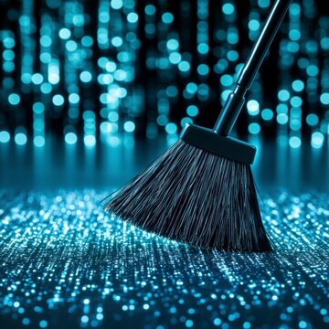 A broom sweeps across a digital landscape of glowing blue data points, creating a visual metaphor for data cleaning or cybersecurity.