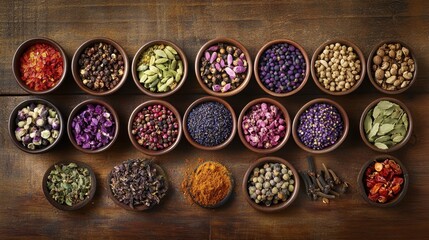 Fototapeta premium A collection of Indian spices arranged in small bowls on a rustic wooden surface, showcasing vibrant colors and textures.