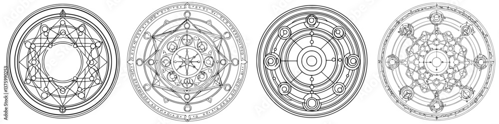 Poster geometric patterns showcasing intricate designs and symbolisms formed in a circular layout