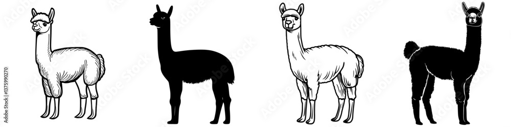 Poster illustrations of llamas in various artistic styles showcasing unique traits and forms