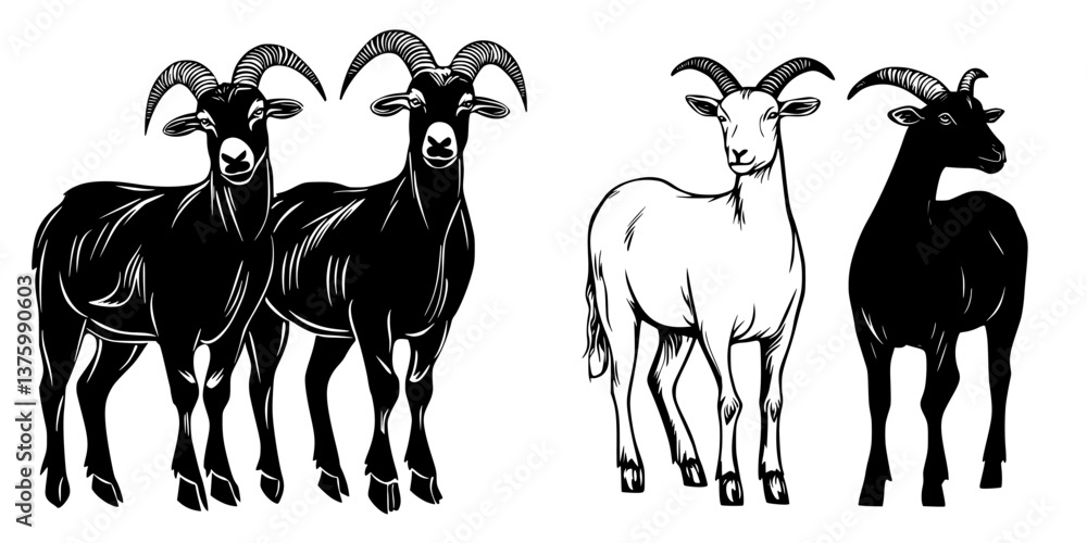 Poster black and white goats standing together in a stylized design with distinct features and horn pattern