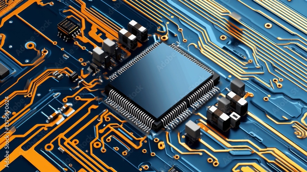 Poster close up view of a central processing unit (cpu) chip on a circuit board, featuring intricate gold a