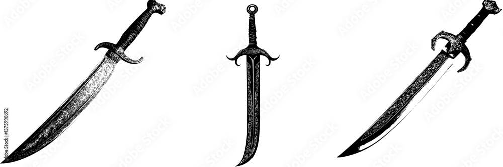Poster unique collection of ornate swords displayed against a plain background showcasing craftsmanship and