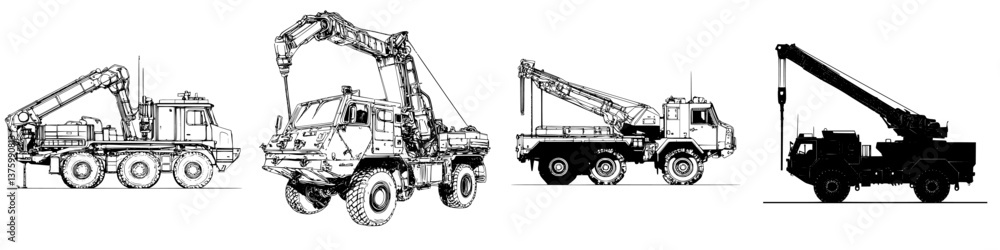 Poster different types of heavy-duty trucks with cranes for construction and lifting tasks displayed in a s