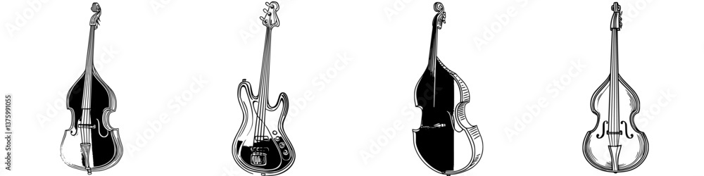 Poster various types of string instruments displayed in a minimalist style showcasing their unique designs 