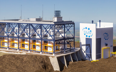 concept of a SMR small modular nuclear reactor power plant on a sunny day. SMR is a future energy concept. 3d rendering.