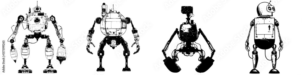 Poster futuristic robot designs showcasing various mechanical forms and functionalities in a black and whit
