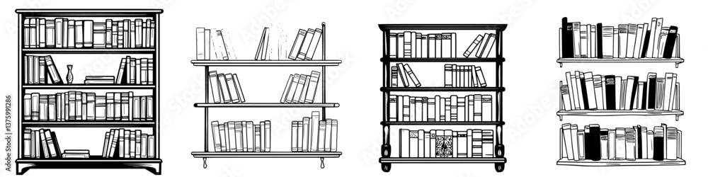 Poster collection of various bookcases filled with books in a library setting showcasing different styles a