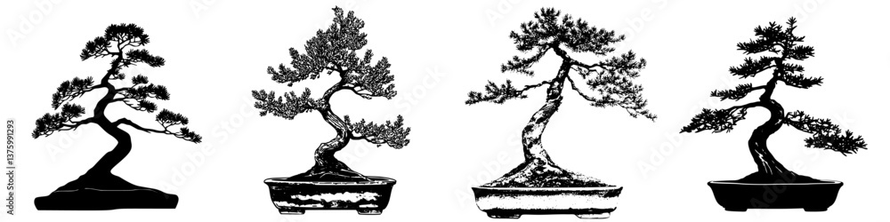 Poster beautiful collection of bonsai trees displayed in various styles and shapes in a serene setting
